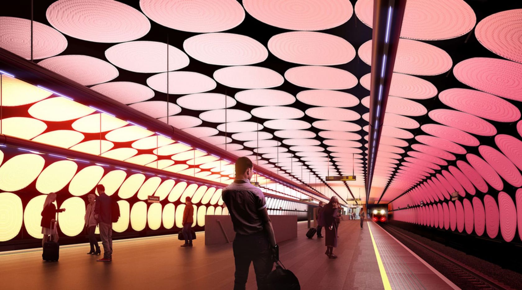 Oslo får nye T-banevogner til åpningen av Fornebubanen i 2027/28. Illustrasjon: Fornebu stasjon tegnet av Zaha Hadid Architects og A-lab.