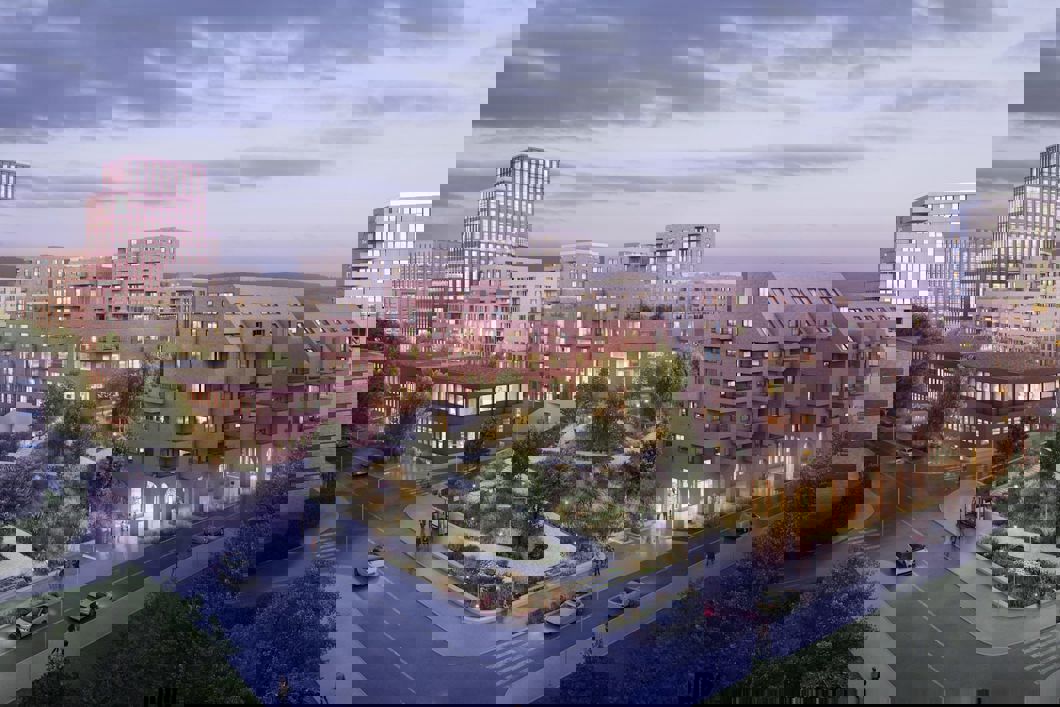 Bildet over viser forlag til ny utvikling av Etterstad base, sett fra sør. (Sporveien/Illustrasjon: PIR2 Oslo/Luce atelier).