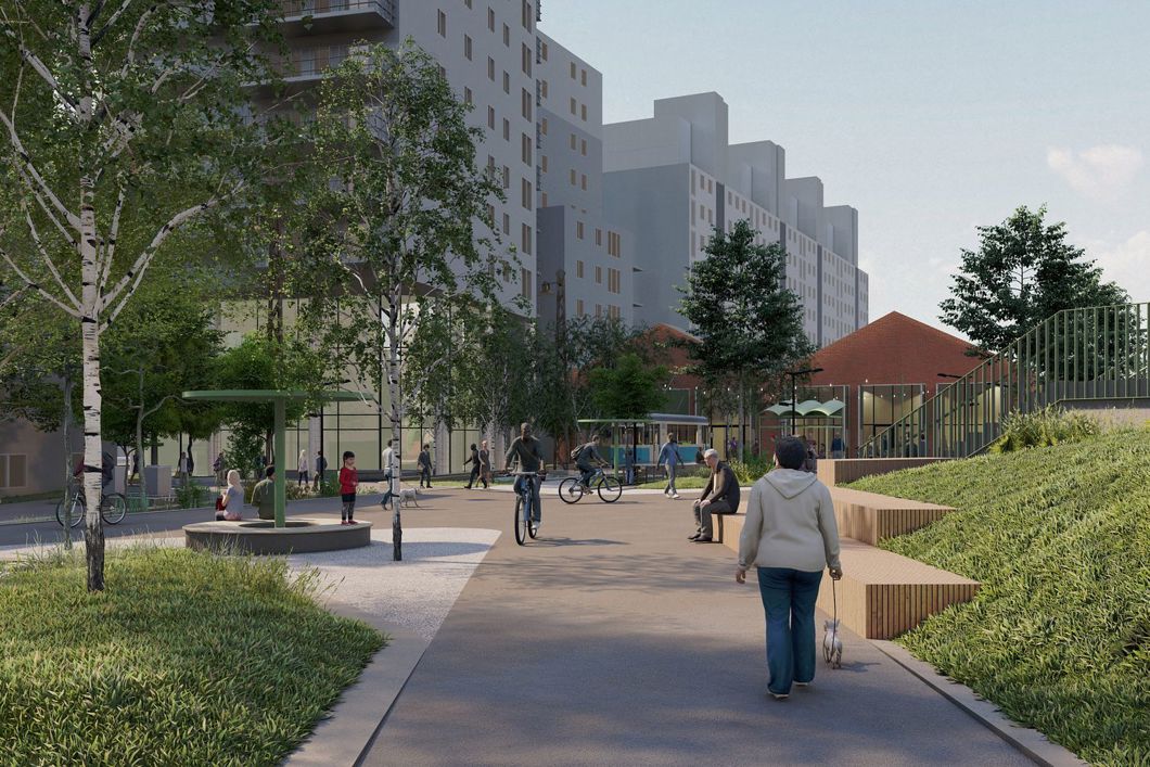 Slik kan det bli i området rundt Majorstuen T-banestasjon. Illustrasjon: PIR2 Oslo